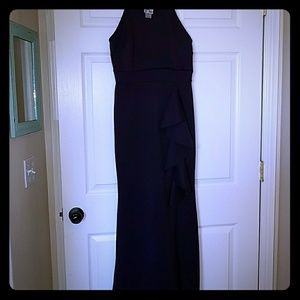 Purple strapless mermaid style evening gown